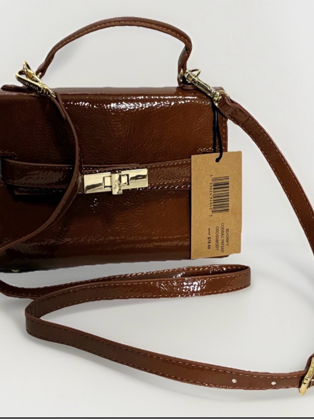 Steve Madden Bdignify Cognac Patent crossbody bag NWT glossy brown